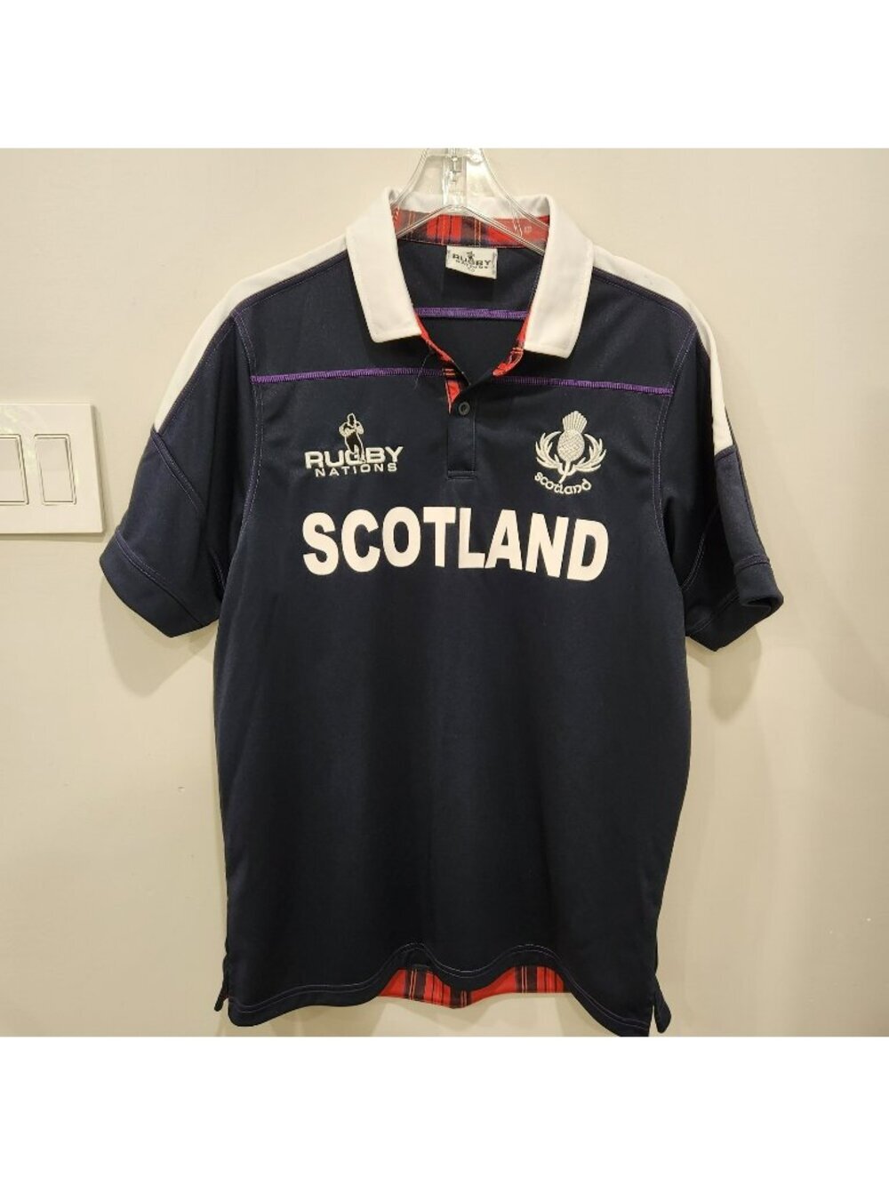 Vintage Rugby Nations Scotland Polo Shirt Mens Large Black Tartan Trim